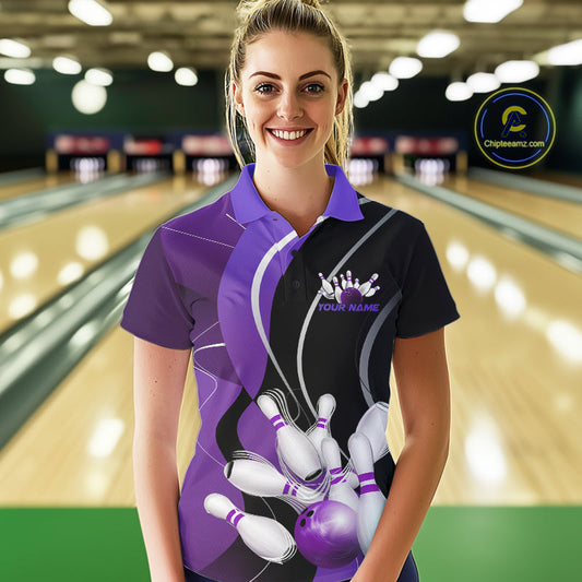 Custom Black And Purple Bowling Jerseys, Women Bowling Polo Shirt Team Uniform IPHW9227