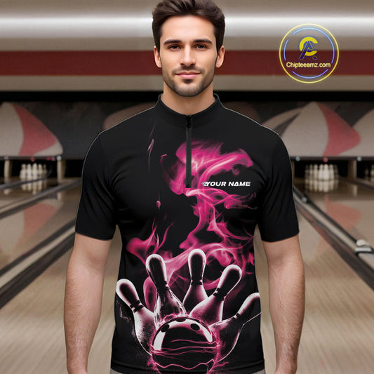 Custom Pink Smoke Bowling Quarter-Zip Team Shirts For Men, Flame Bowling League Shirt IPHW9564