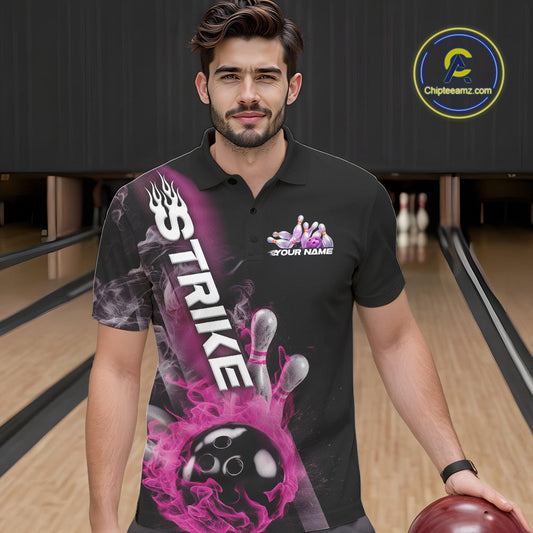 Custom Pink Flame Strike Bowling Team Polo Shirts For Men, Fire Bowling Jerseys IPHW9573