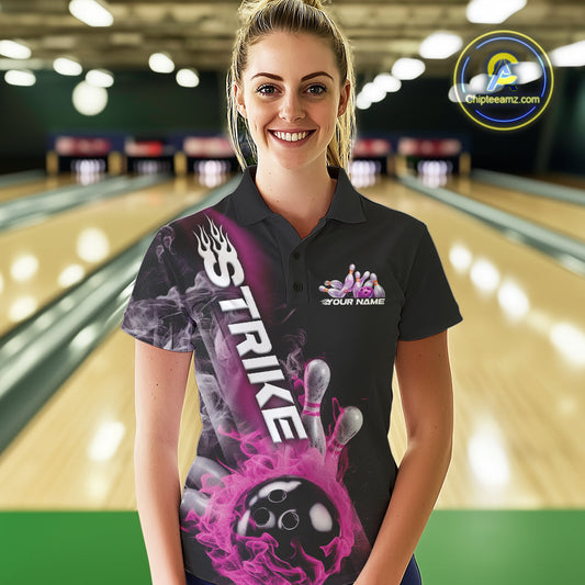 Custom Pink Flame Strike Bowling Team Polo Shirts For Women, Fire Bowling Jerseys IPHW9573