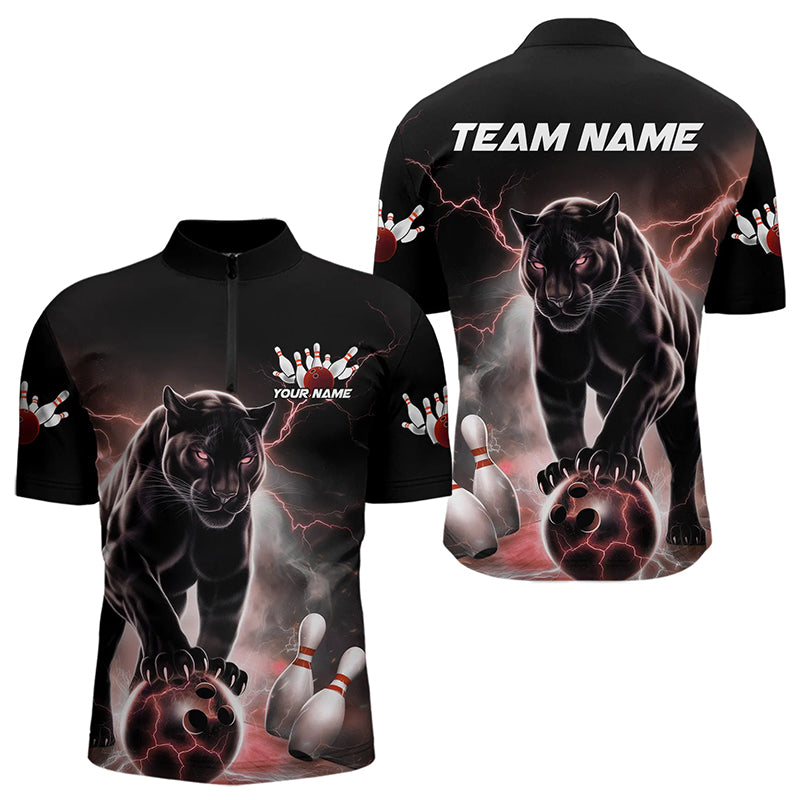 Red Thunder Lightning Custom Panther Bowling Quarter-Zip Shirts For Men, Bowling Team Uniform IPHW8270