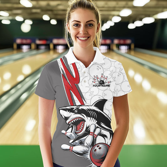 Custom Red Shark Bowling Polo Shirts For Women, Shark Bowling Team Tournament Outfits IPHW8728