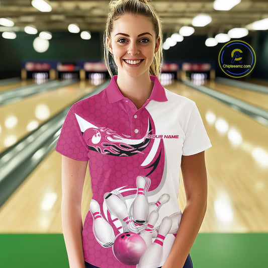 Custom White And Pink Bowling Polo Shirts For Women, Flame Bowling Team Shirt IPHW9241