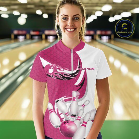 Custom White And Pink Bowling Quarter-Zip Shirts For Women, Flame Bowling Team Shirt IPHW9241