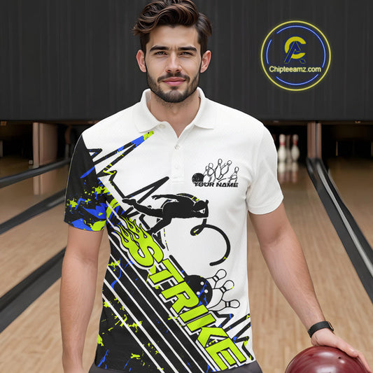 Custom Blue And Green Camo Strike Bowling Polo Shirt For Men, Bowling Heartbeat Pulse Line IPHW9249