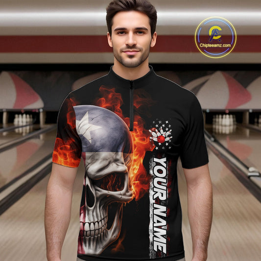 Custom Flame Skull American Texas Flag Men Bowling Team Shirt, Patriotic Bowling Jerseys IPHW10635