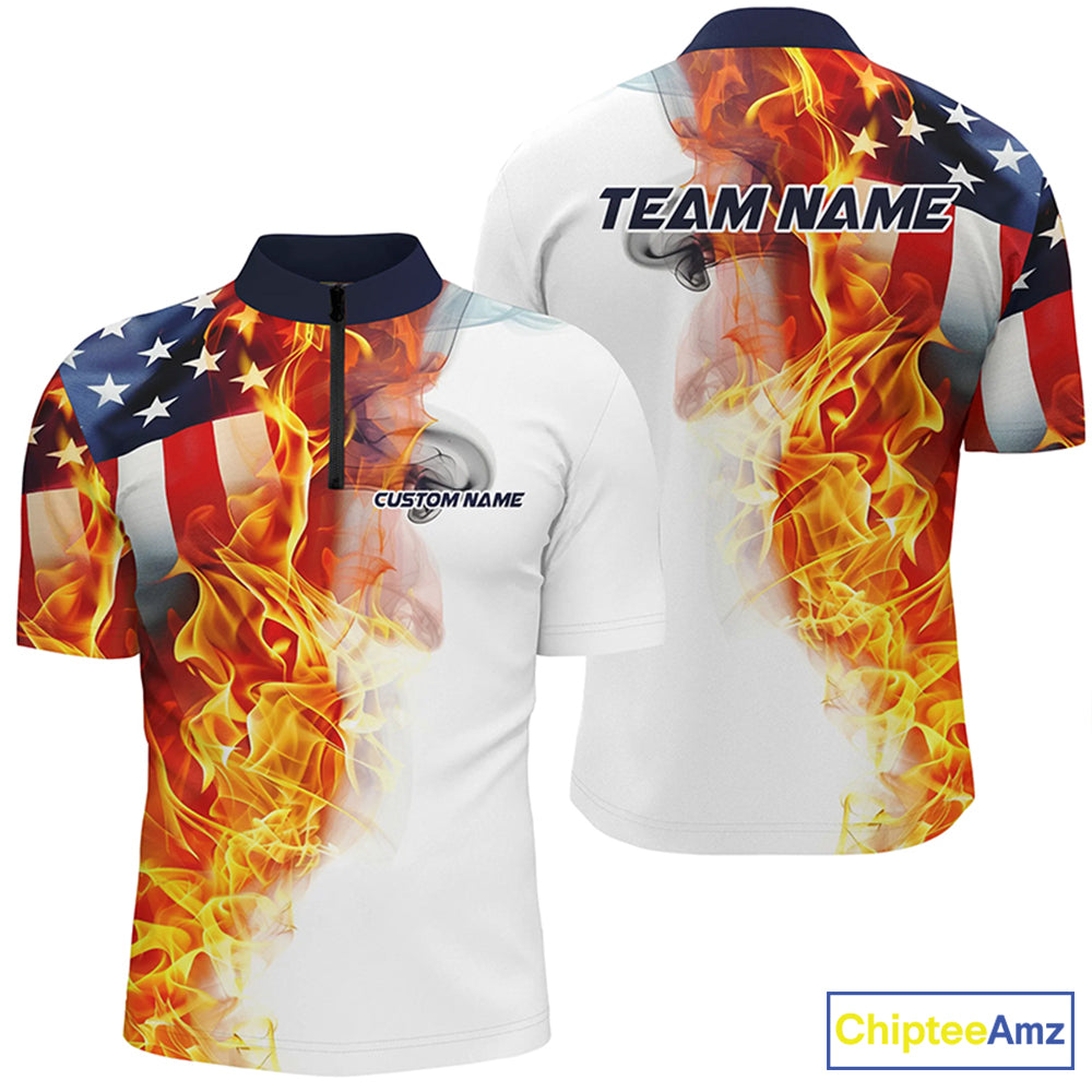 Flame American Flag Custom Polo /Quarter-Zip Shirts For Men Women, Patriotic Bowling Team Jersey IPHW5984