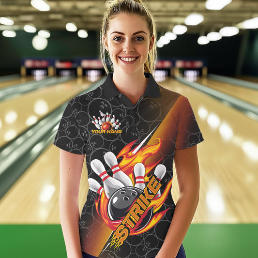 Custom Black And Red Flame Strike Bowling Women Polo Shirts, Bowling Ball Pattern Shirt IPHW8781