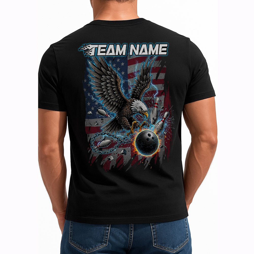 Custom Grunge American Flag Eagle Bowling T-Shirts For Men, Blue Lightning Design IPHW9059