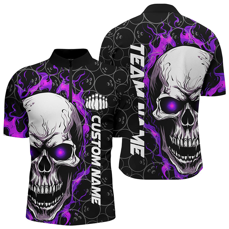 Custom Flaming Skull Team Bowling Shirts For Men, Halloween Bowling Jerseys | Purple IPHW5181