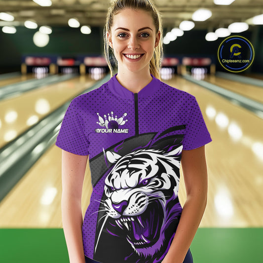 Custom Black And Purple Tiger Bowling Team Women Quarter-Zip Shirts, Bowling League Shirt IPHW9020
