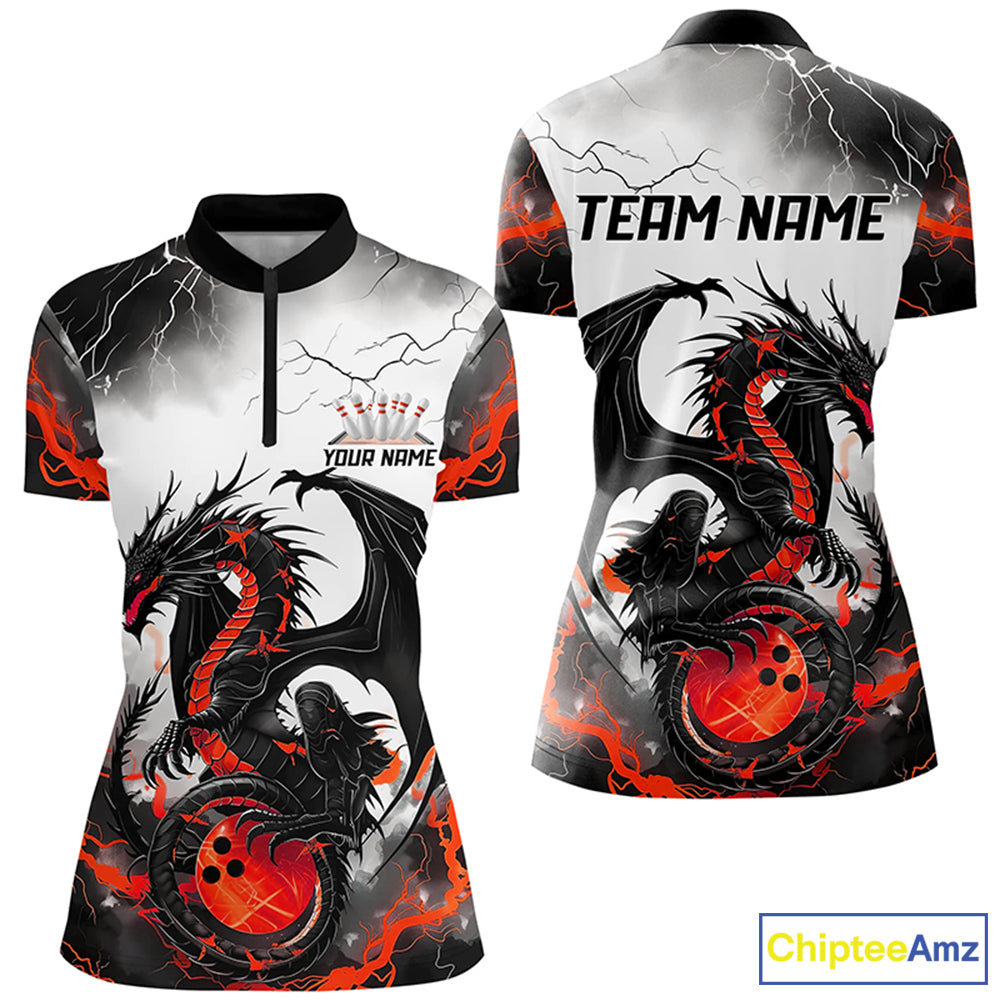 Front and back views of a custom womens quarter zip bowling shirt featuring a red dragon and lightning strikes design.