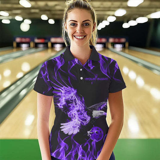 Custom Black And Purple Flame Eagle Bowling Team Women Polo Shirts, Bowling League Shirt IPHW8790