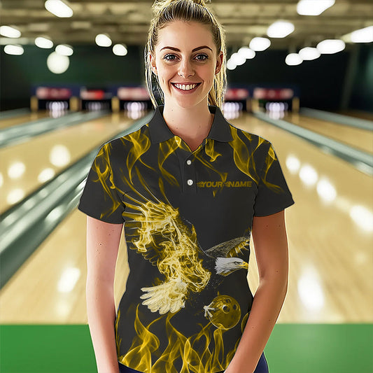 Custom Black And Yellow Flame Eagle Bowling Team Women Polo Shirts, Bowling League Shirt IPHW8793