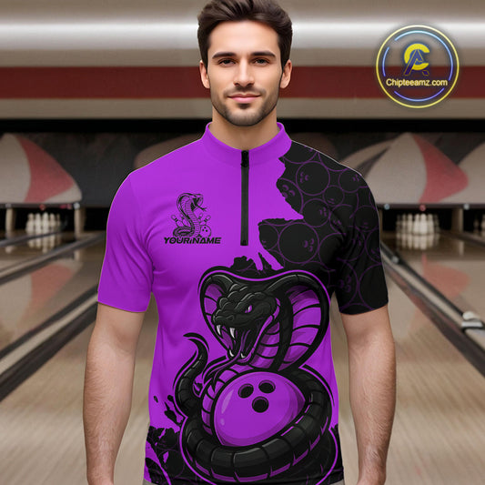 Custom Black And Purple Cobra Snake Bowling Men Quarter-Zip Shirts Team Uniform Bowling Pattern IPHW9033