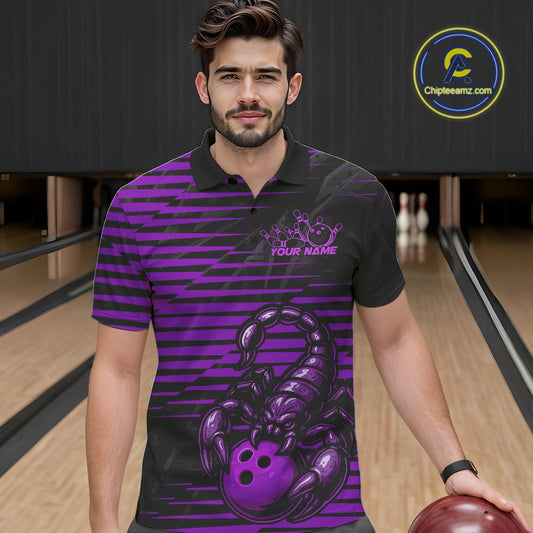Custom Black And Purple Scorpion Bowling Team Polo Shirts For Men, Bowling League Shirt IPHW9035