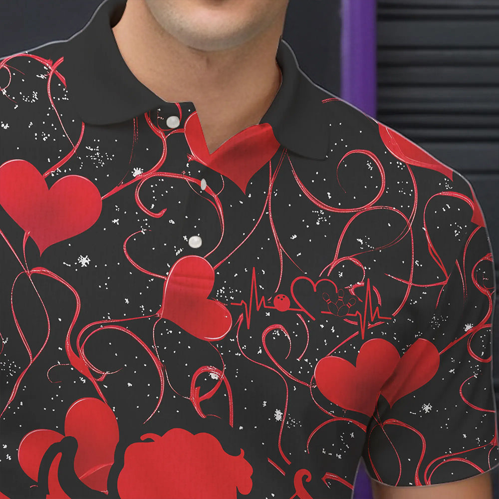 Black And Red Custom Valentines Day Bowling Polo Shirts For Men, Bowling Couple Shirt IPHW8329