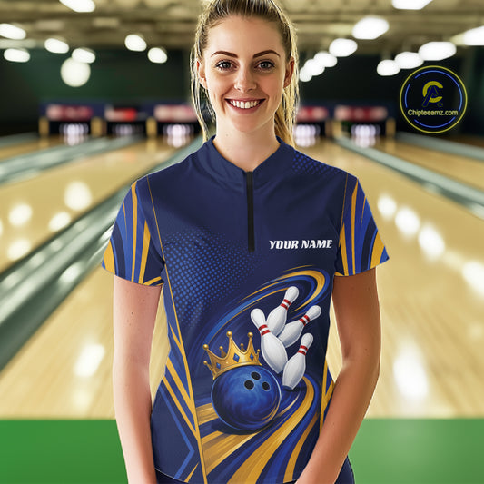 Custom Blue And Gold Queen Crown Bowling Women Quarter-Zip Shirt, Bowling League Shirt IPHW11823