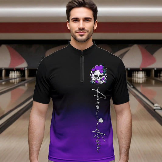Custom Black And Purple Skull Valentines Day Couple Bowling Quarter-Zip Shirts For Men IPHW8342
