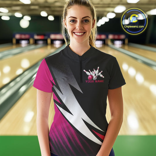 Black And Pink Custom Bowling Jerseys, Women Quarter-Zip Shirt Bowling Tournament Outfits IPHW9081