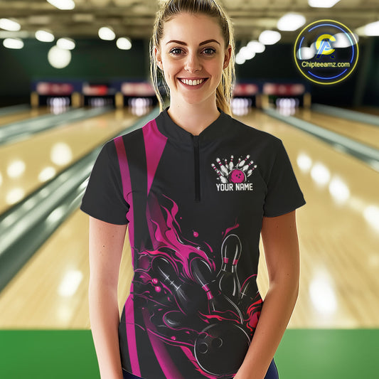 Custom Pink Flame Bowling Women Quarter-Zip Shirts, Striking Fire Jerseys Team Uniform IPHW9086