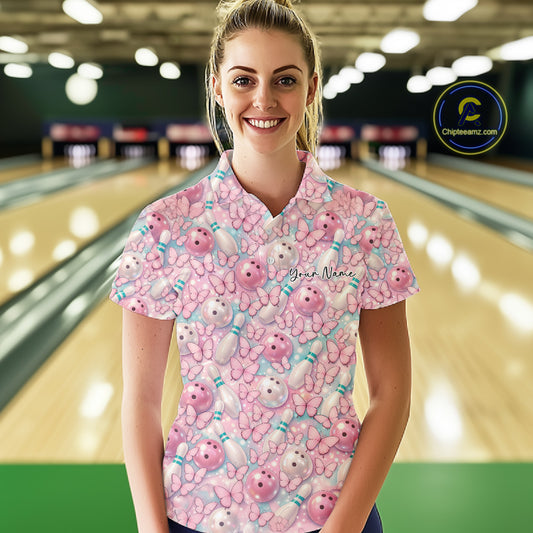 Custom Pastel Blue And Pink Butterfly Bowling Women Polo Shirt, Ladies Outfit IPHW10930