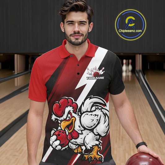 Custom Black And Red Funny Bold Confident Chicken Bowling Shirt For Men, Bowling Jerseys IPHW11622