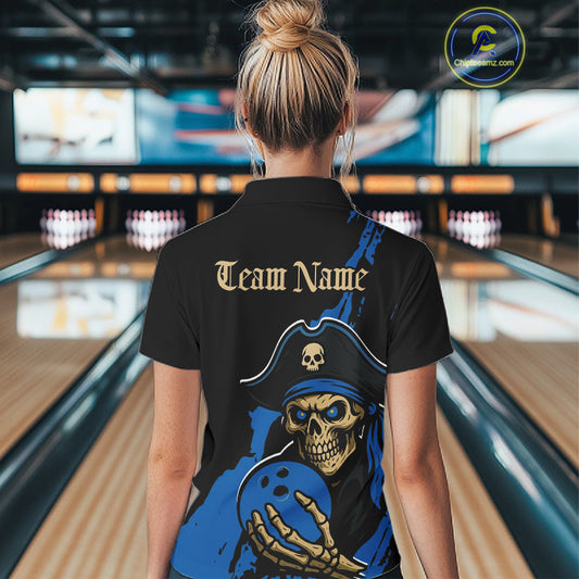 Custom Black And Blue Pirate Bowling Women Polo Shirt, Pirate Bowling Team Jerseys IPHW10710