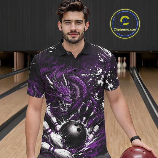 Man wearing a purple dragon-themed bowling shirt on a bowling alley.