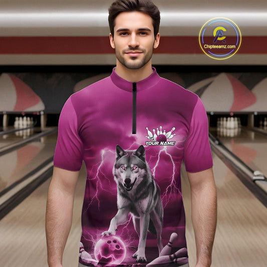 Custom Pink Ligtning Wolf Bowling Team League Shirts For Men, Bowler Outfits IPHW10788