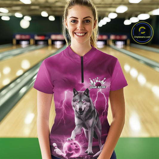 Custom Pink Ligtning Wolf Bowling Team League Shirts For Women, Bowler Outfits IPHW10788