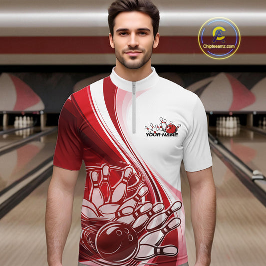 Male model in a bowling lane wearing a white and red quarter zip shirt, showcasing a dynamic curved bowling strike graphic with pins being hit.