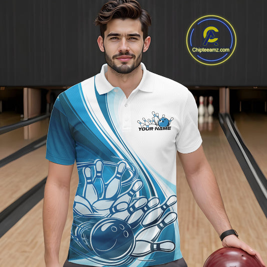 Male model in a bowling lane wearing a white and blue polo shirt with curved bowling ball hitting pins design and motion effects.