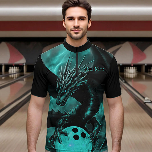 Black And Turquoise Blue Custom Dragon Bowling Quarter-Zip Shirts For Men, Bowling League Shirt IPHW8645
