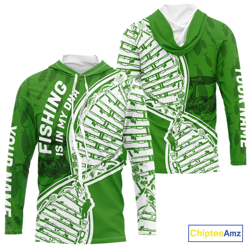 Green And White Fishing Is In My DNA Custom Long Sleeve Hooded Fishing Shirts, Fishing Tools DNA IPHW9175