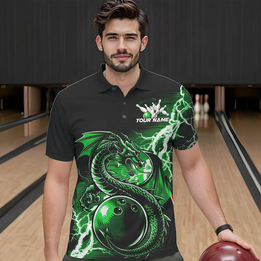 Custom Black And Green Thunder Lightning Dragon Bowling Polo Shirts For Men, Bowlers Outfits IPHW8665