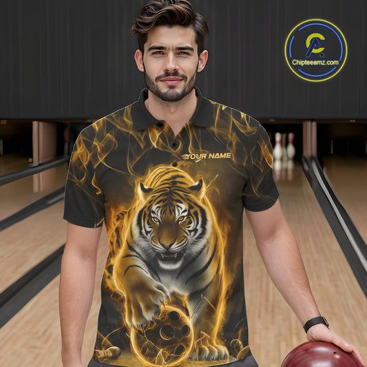 Custom Yellow Flame Tiger Bowling Polo Shirts For Men, Tiger Bowling Team Shirt IPHW9763