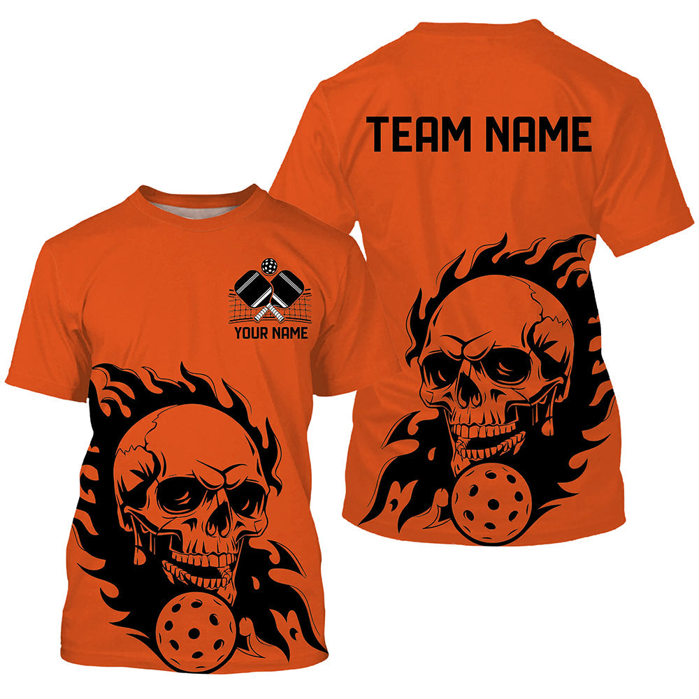 Orange Custom Flame Skull Pickleball T-Shirts For Men, Halloween Pickleball Team Outfits Halloween Pickleball Gifts IPHW7559