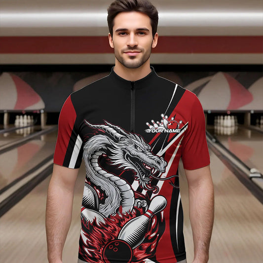 Custom Black And Red Flame Dragon Bowling Jerseys, Dragon Men Bowling Team Quarter-Zip Shirts IPHW8710