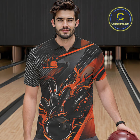 Custom Black And Orange Flame Bowling Team Men Polo Shirts, Fire Bowling Jerseys IPHW9780
