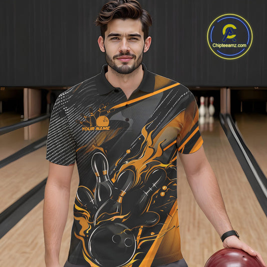 Custom Black And Yellow Flame Bowling Team Men Polo Shirts, Fire Bowling Jerseys IPHW9781