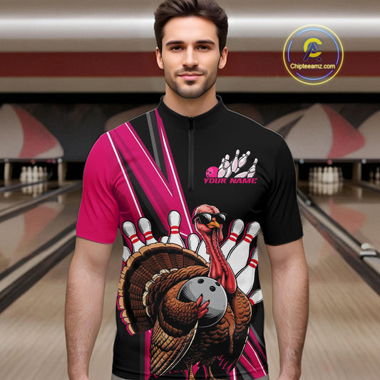 Black And Pink Custom Funny Turkey Bowling Men Shirts, Bowling League Team Shirt IPHW10803