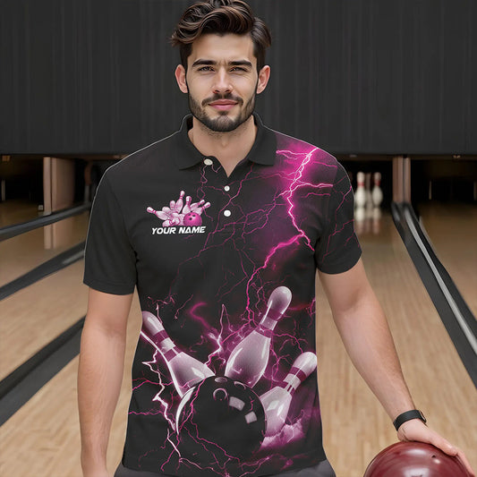 Custom Black And Pink Thunder Lightning Bowling Tournament Polo Shirts For Men IPHW8523