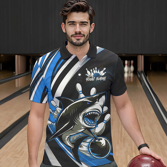 Custom Black And Blue Shark Bowling Polo Shirts For Men, Shark Bowling Team Jerseys IPHW8724