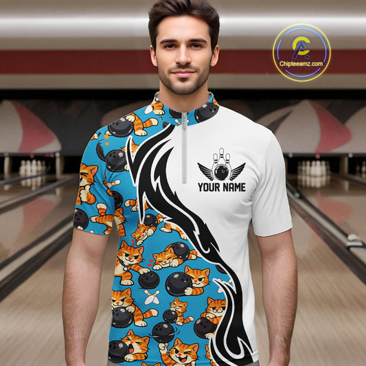 Custom Cute Funny Ginger Tabby Cat Bowling Men Quarter-Zip Shirts, Cat Bowling Team Shirt IPHW10320