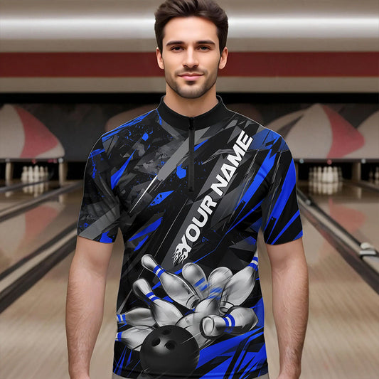 Custom Black And Blue Bowling Quarter-Zip Shirts For Men, Bowling Tournament Team Uniform IPHW8528