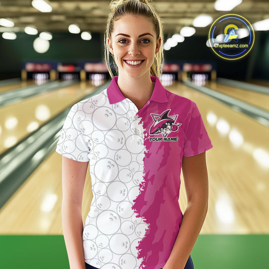 Custom White And Pink Shark Bowling Polo Shirts For Women, Shark Bowling League Shirt IPHW8992