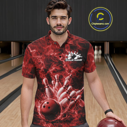 Male model wearing a bowling polo in a bowling lane with red bowling ball strike artwork and flames.