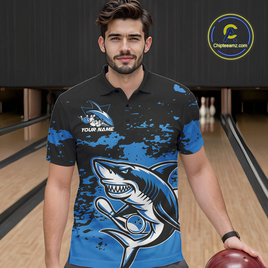 Custom Black And Blue Camo Shark Bowling Team Men Polo Shirts, Bowling Tournament Shirt IPHW8996