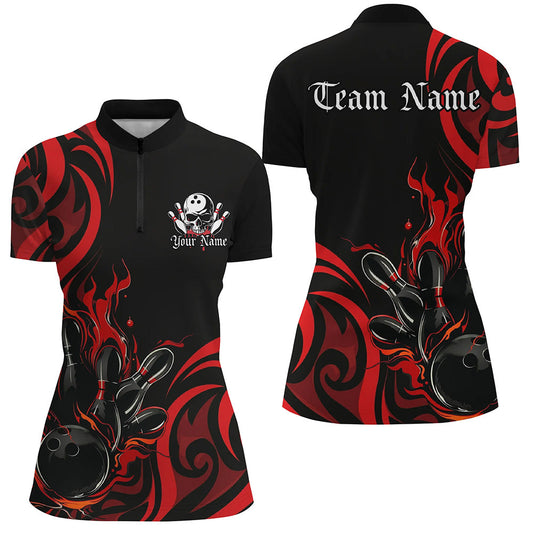 Custom Black And Red Flame Bowling Shirts For Women, Bowling League Shirts Team Jerseys IPHW7322